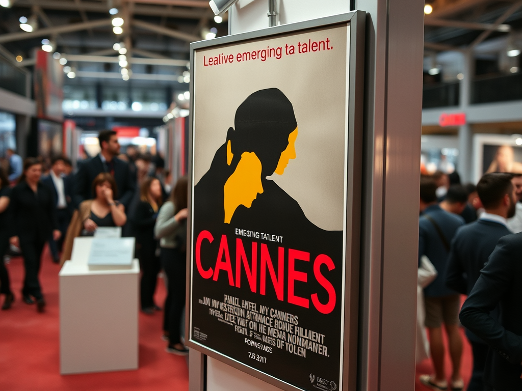 Плакат с надписью "Cannes" на фоне людей на мероприятии, посвященном emerging talent.